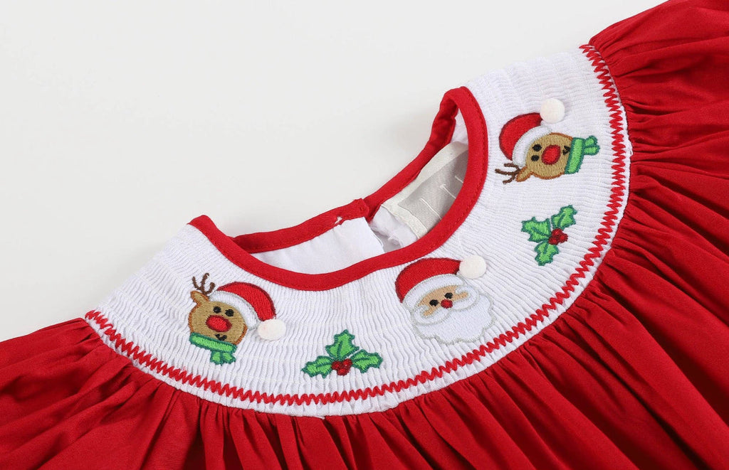 Red Christmas Santa and Reindeer Smocked Bishop Dress