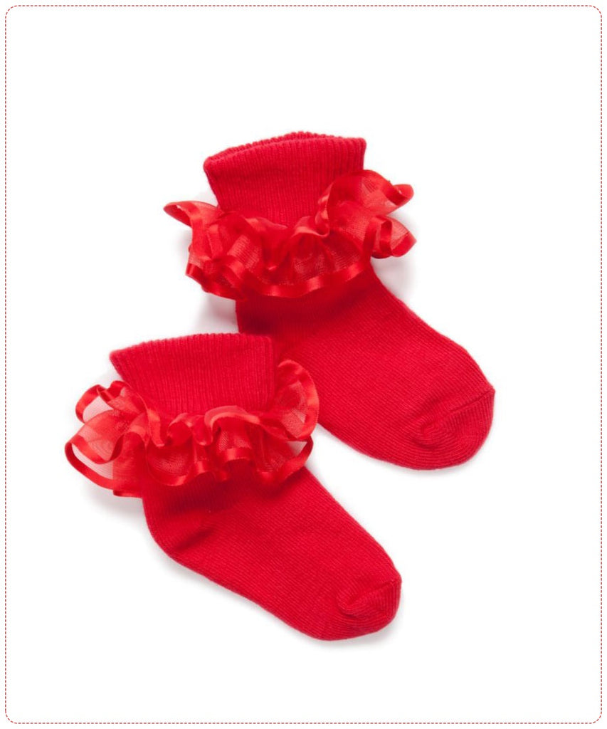 MOMNIKIDS Frill Cotton Socks for Baby Girl - (Pack of 3, Red)