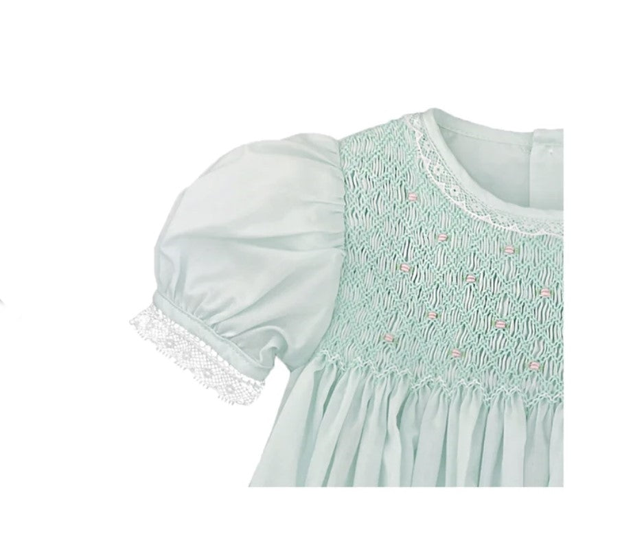 Mint Green Fully Smocked Dress Set with French Lace and Bloomers | 9 M Little Footprints Children's Shop Mint Green Fully Smocked Dress Set with French Lace and Bloomers | 9 M Little Footprints Children's Shop