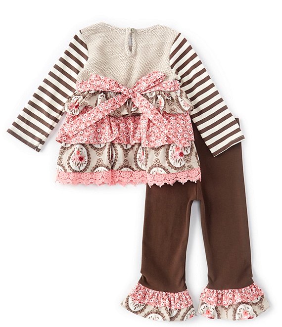 Pink Brown Sweater Knit Bodice Ruffle Leggings Set
