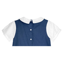 Navy White Romper Shortall with Side Tabs and Pintucks | 12 18 24 Months
