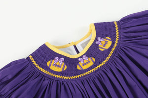 Purple and Gold Football Smocked Bishop Dress | 3-6M 6-12M 12-18M 18-24M 2T 3T 4T 5Y 6Y