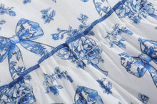 Blue and White Bow and Flower Print Layered Ruffle Dress | 2T 3T 4T
