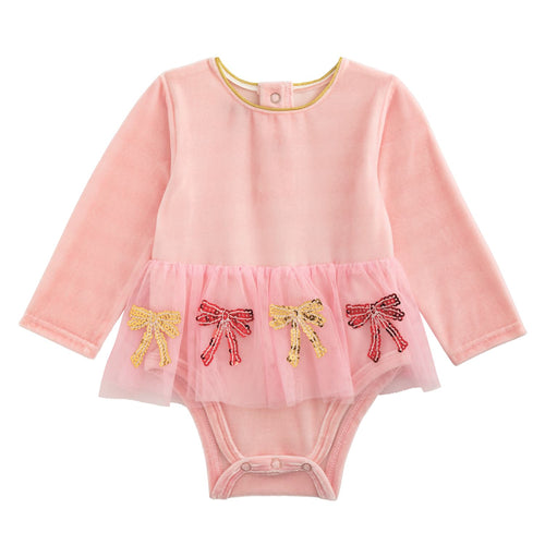 Christmas Sequin Bow Tutu Pink Velour Crawler | 0-3M 3-6M 6-9M