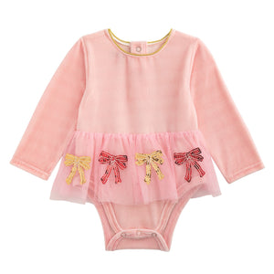 Christmas Sequin Bow Tutu Pink Velour Crawler | 0-3M 3-6M 6-9M