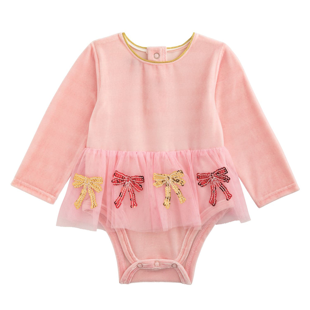 Christmas Sequin Bow Tutu Pink Velour Crawler | 0-3M 3-6M 6-9M