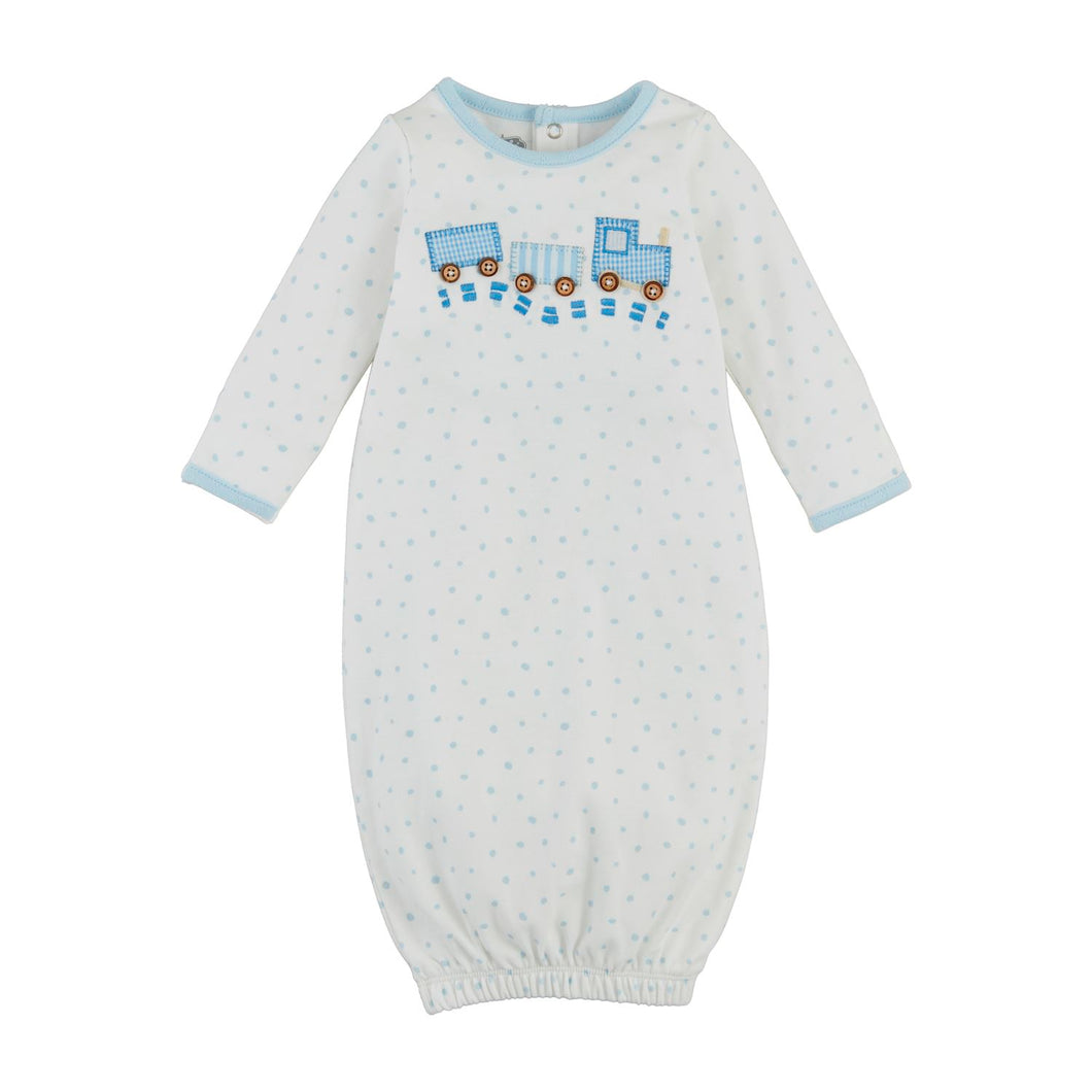 Blue Layette Train Applique Gown | Newborn or 3 Months