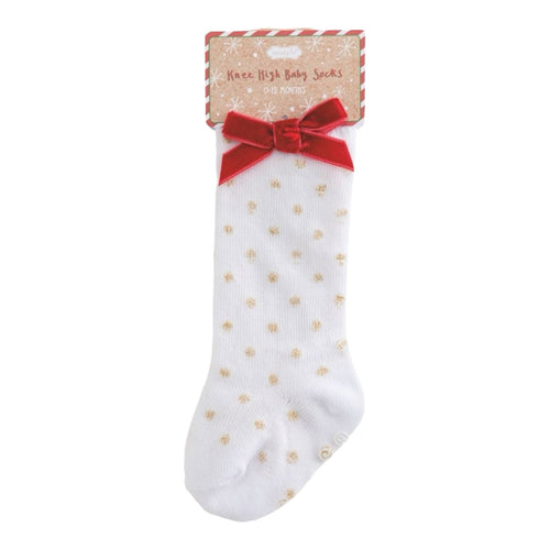 Tall Gold Dot Christmas Bow Baby Knee Socks | 0-12 Months