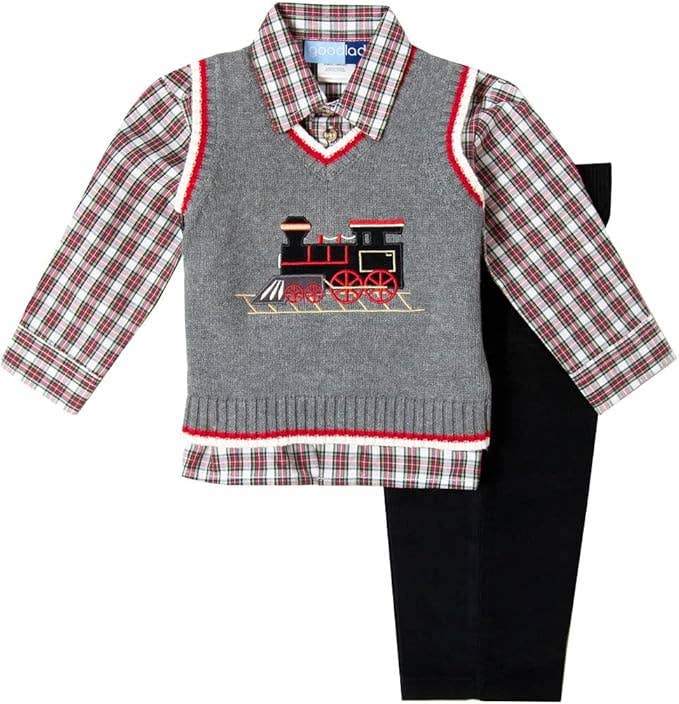 Gray Red Black Train Christmas 3 Pc Sweater Vest Set | 4T