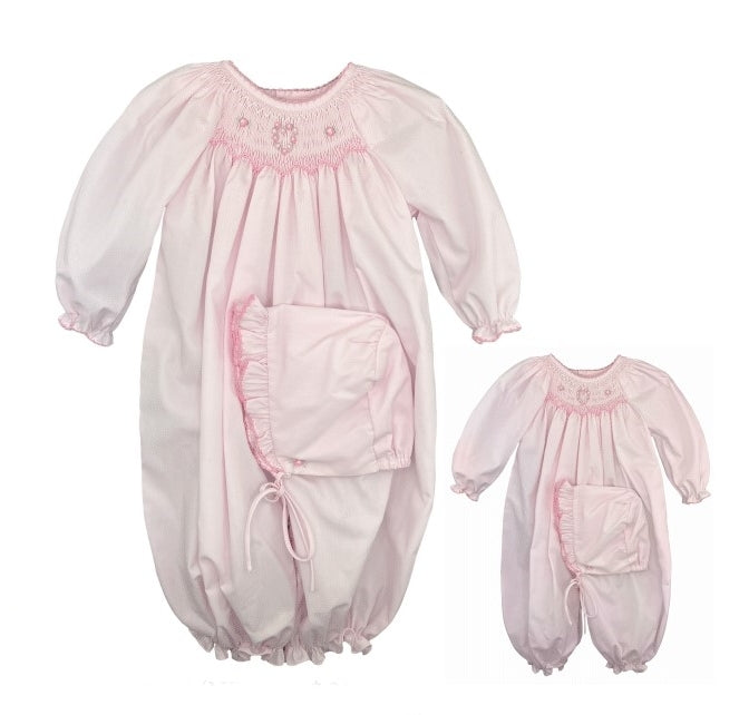 Pink Flower Heart Smocked Convertible Bag Gown & Hat | Newborn 3 6 Months