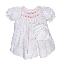 White Pink Dot Floral Smocked Bishop Dress Set with Bonnet | Newborn
