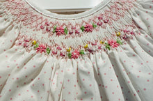 White Pink Dot Floral Smocked Bishop Dress Set with Bonnet | Newborn