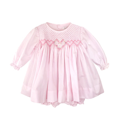 Pink Fully Smocked Floral Heart Embroidery Dress Set with Bonnet | Newborn