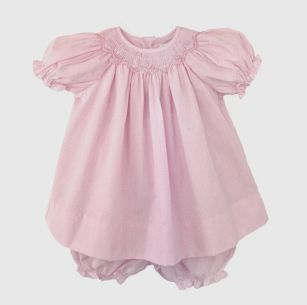 Pink Check Bishop Zig Zag Smocked Dress Set with Bonnet | Newborn