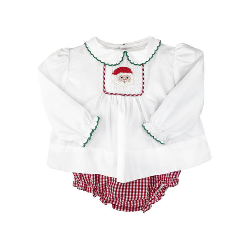 Red Check Santa Girls Diaper Set with Hand Picture Smocking & Picot Trim | Newborn 3 6 Months