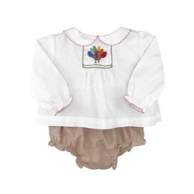 Tan Check Turkey Hand Picture Smocked Girls Diaper Set | Newborn 3 6 Months