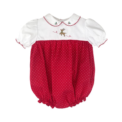 Red Dot Holiday Bubble with Reindeer Embroidery | Newborn 3 6 Months