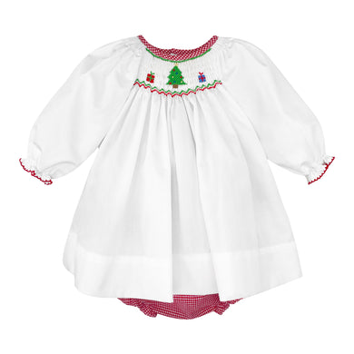 White Red Gingham Christmas Tree Bishop Smocked Dress Set | Newborn 3 6 Months