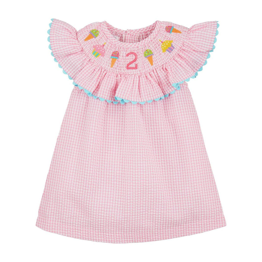 Birthday Girl Pink Gingham Seersucker 2 Two Smocked Dress | 24M/2T