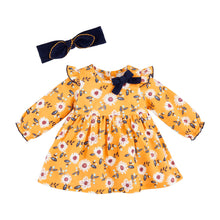 Thanksgiving Mustard and Navy Floral Dress & Headband Set | 3-6M 6-9M 9-12M