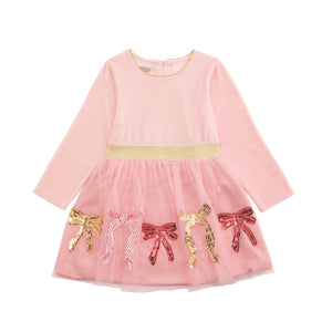 Christmas Sequin Bow Pink Velour Tutu Dress | 12-18M 24M/2T-3T 4T-5T