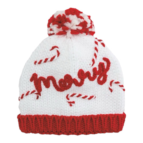Christmas White and Red Merry Knit Baby Hat with Pom Topper | 0-6 Months