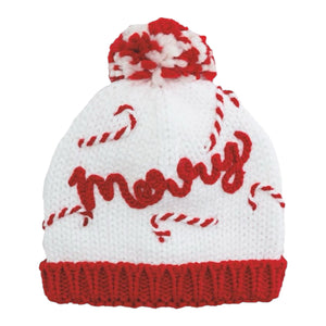 Christmas White and Red Merry Knit Baby Hat with Pom Topper | 0-6 Months