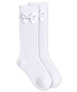 Satin Bow Scalloped Top Cotton Knee High Socks | TOD XS SML