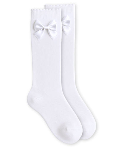 Satin Bow Scalloped Top Cotton Knee High Socks | TOD XS SML