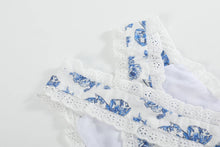 Blue and White Vintage Floral Bow Print Apron Ruffle Romper | 3-6M 6-12M 12-18M