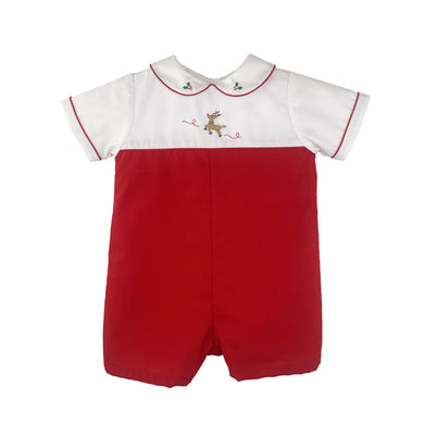 Red White Holiday Romper with Reindeer Embroidery | Newborn 3 6 Months