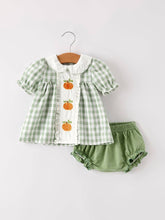 Fall Halloween Thanksgiving Pumpkin Green Plaid Girls Dress Bloomers | 3M 6M 12M 18M
