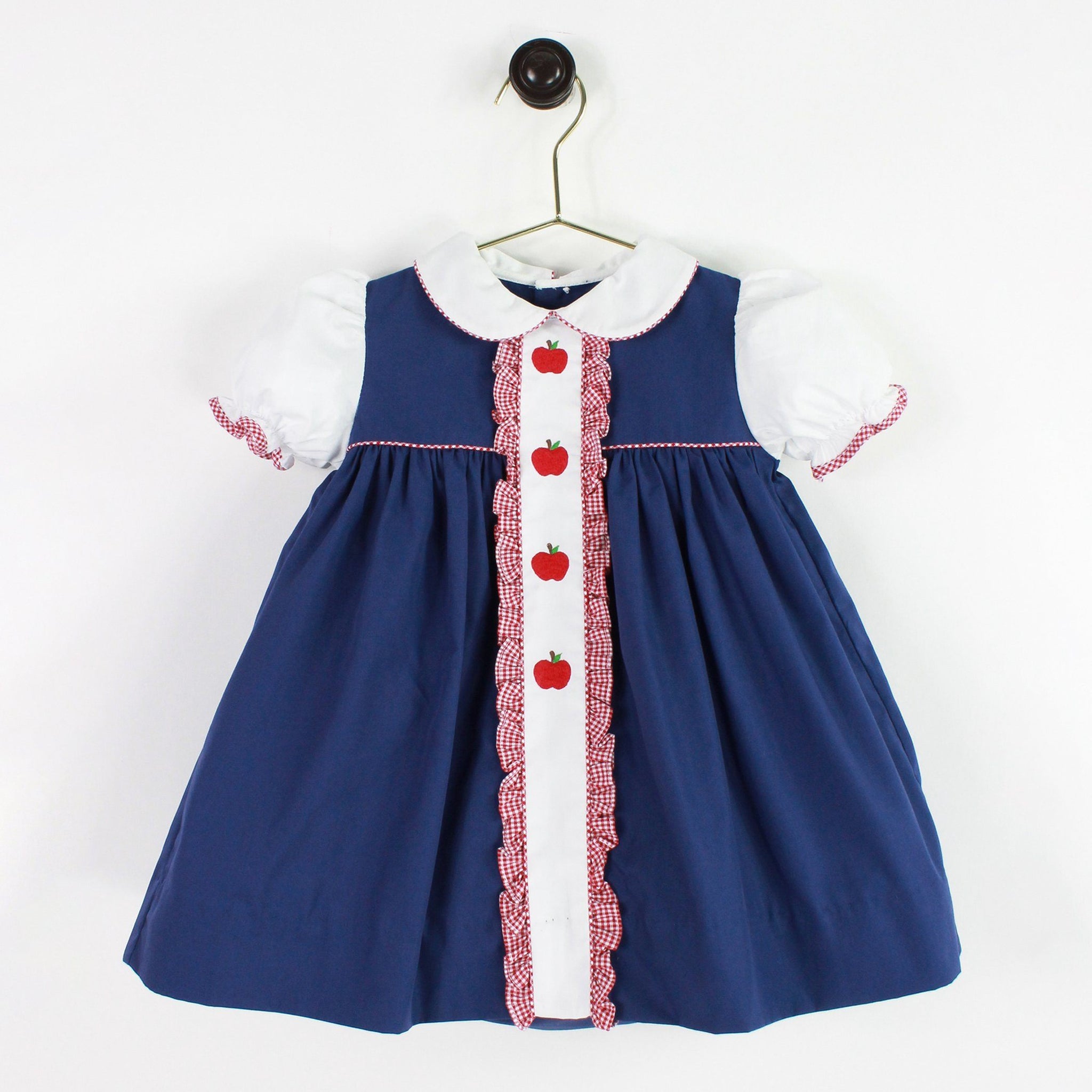Navy and Red Apple Embroidered Dress Set | 3 6 9 Months Navy and Red Apple Embroidered Dress Set | 3 6 9 Months