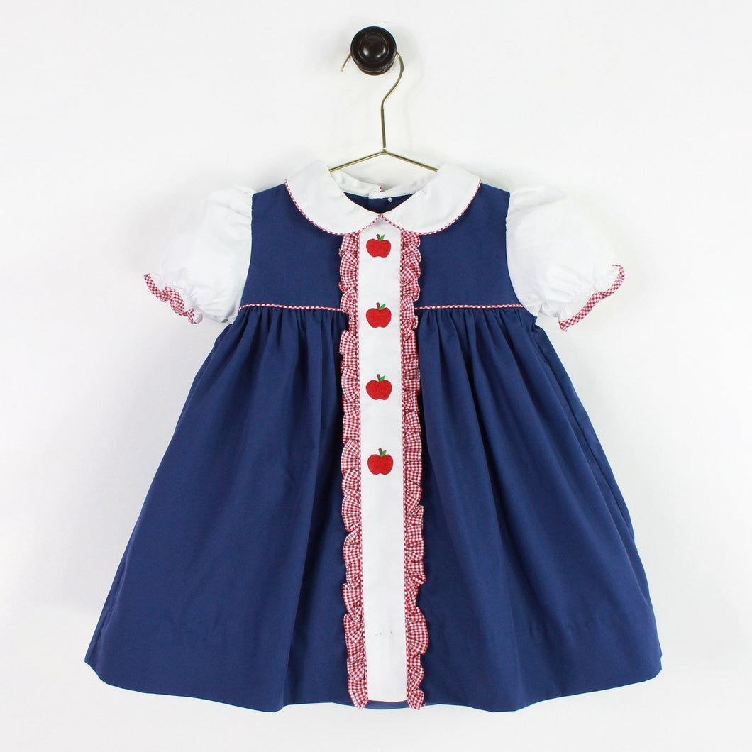 Navy and Red Apple Embroidered Dress Set | 3 6 9 Months