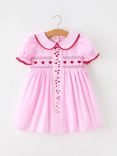 Girls Valentine's Day Pink Heart Embroidered Smocked Dress | 2 3 4 5 6 Years
