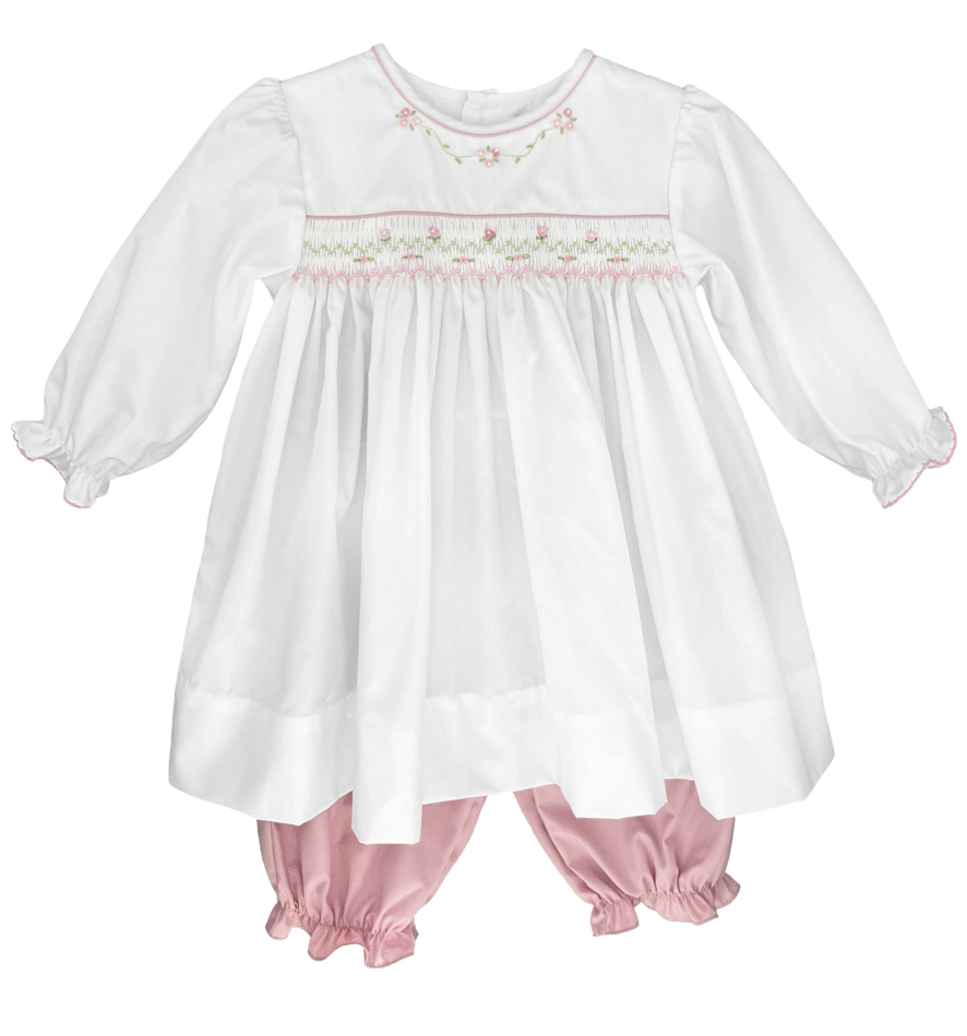 White Pink Floral Embroidered Smocked Dress Set | 12 18 24 Months