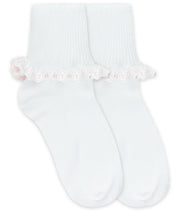 Cluny & Satin Lace Pink White Turn Cuff Socks | NB INF TOD XS