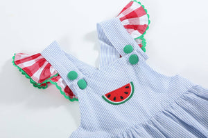 Light Blue Seersucker and Gingham Watermelon Ruffle Romper | 3-6M 6-12M 12-18M