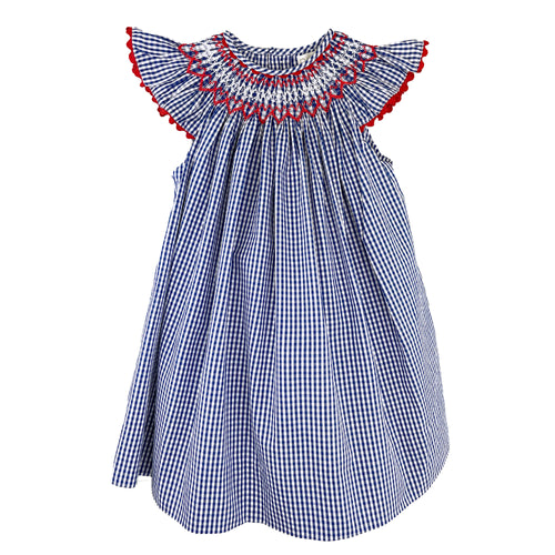 Blue Check Red Smocked Bishop Dress | 12 18 24 Months