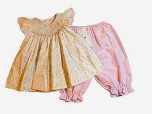 Ivory and Pink Floral Smocked Top and Pink Check Bloomer Set | 12 18 24 Months