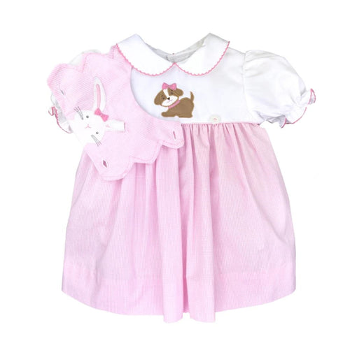 Pink Check Removable Bib Easter Bunny Puppy Dress Set | 3 6 9 18 Months