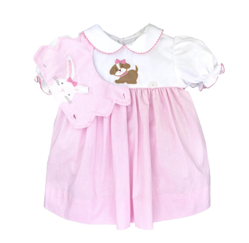 Pink Check Removable Bib Easter Bunny Puppy Dress Set | 3 6 9 12 18 Months