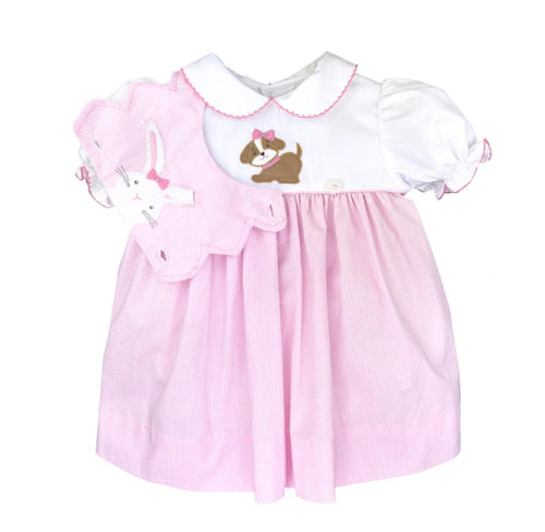 Pink Check Removable Bib Easter Bunny Puppy Dress | 2T 3T 4T