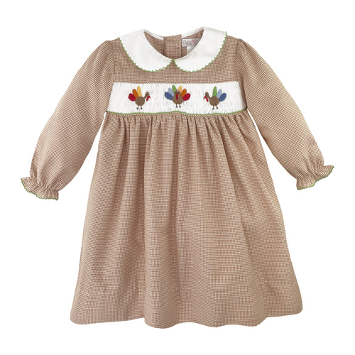 Tan Check Turkey Hand Picture Smocked Dress Set | 12 18 24 Months