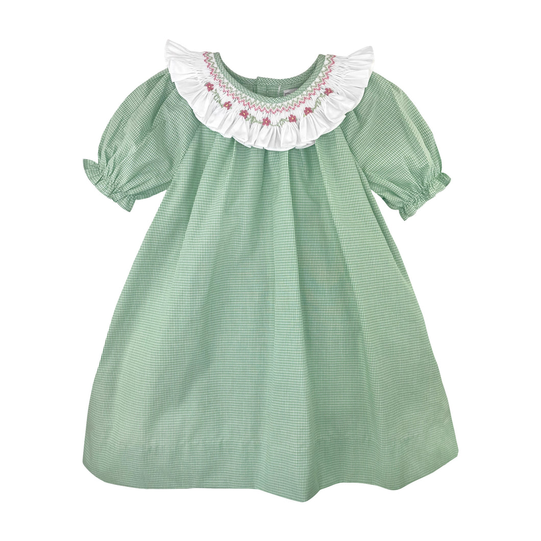 Green Check Dress Set with White Smocked Embroidered Ruffled Collar | 3 6 9 Months