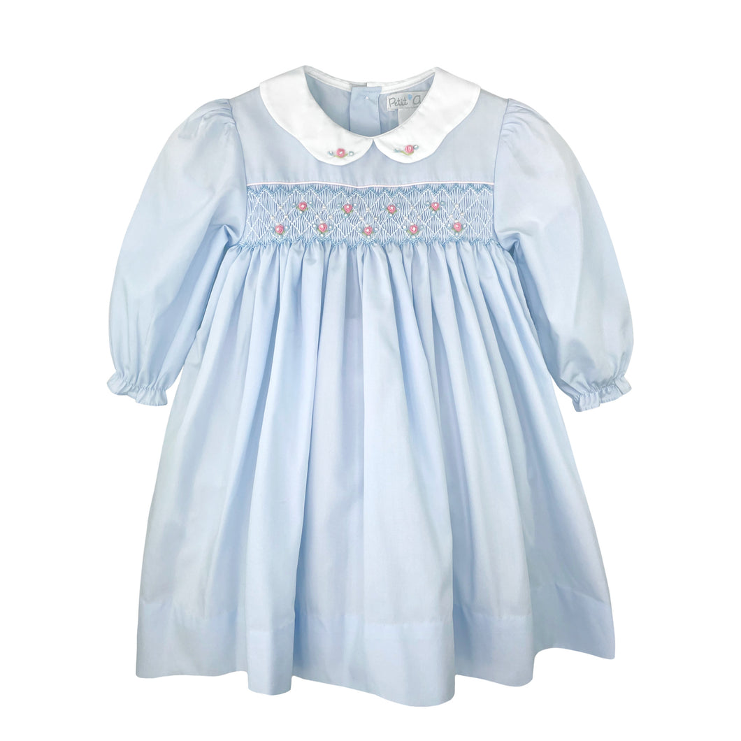 Light Blue Dress Set with Corded Smocking and Scalloped Collar | 12 18 24 Months
