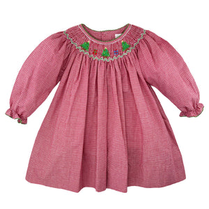 3t christmas dress Red Gingham Christmas Tree Bishop Smocked Dress