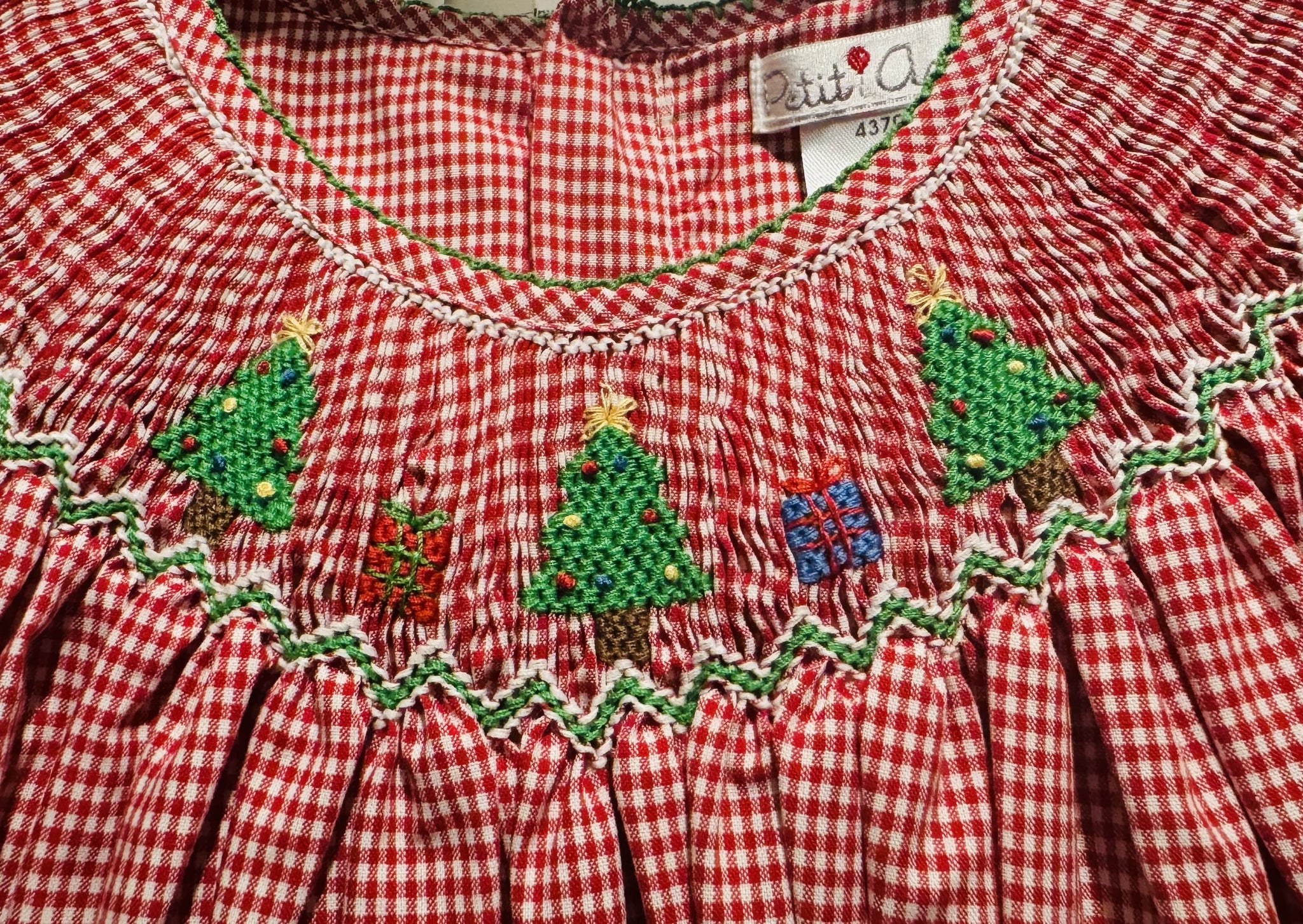 Red Check Christmas Tree Bishop Smocked Dress Set