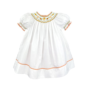 White Orange Harvest Smocked Bishop Dress Bloomer Set | 3 6 9 Months