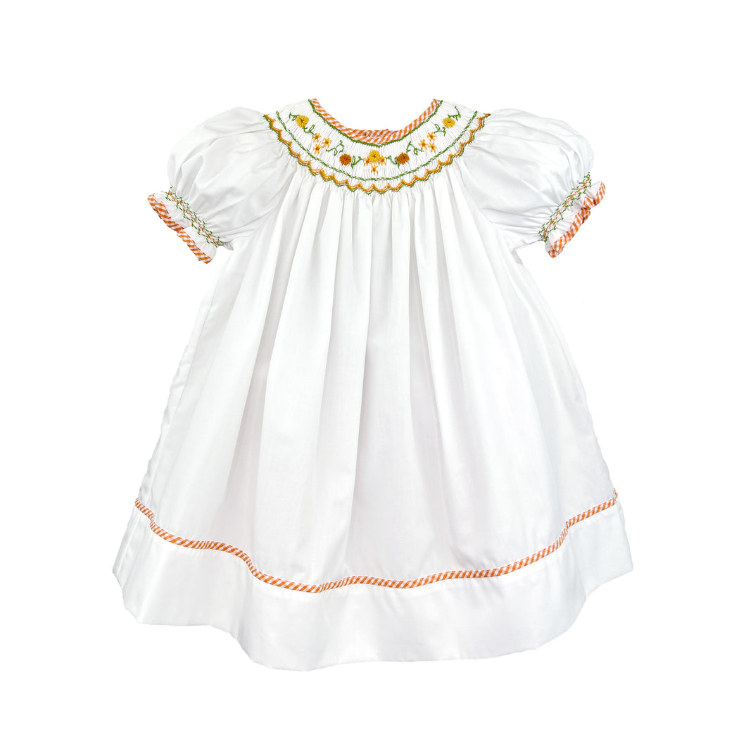 White Orange Harvest Smocked Bishop Dress Bloomer Set | 3 6 9 Months